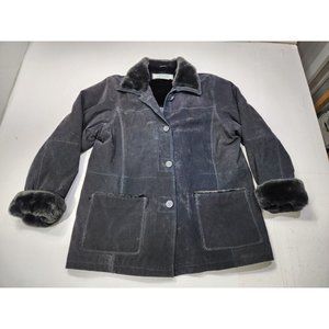 Vintage  Haband Mens Button Up Suede Leather Jacket w/Faux Fur Trim Black Size L